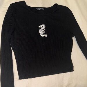 Black Ribbed Long Sleeve Top with Dragon Embroidery